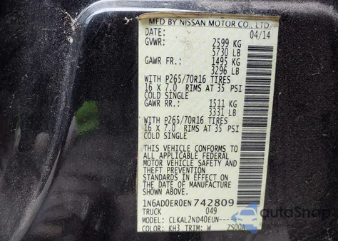 2014 Nissan Frontier Sv z USA, uszkodzony, nr VIN 1N6AD0ER0EN742809